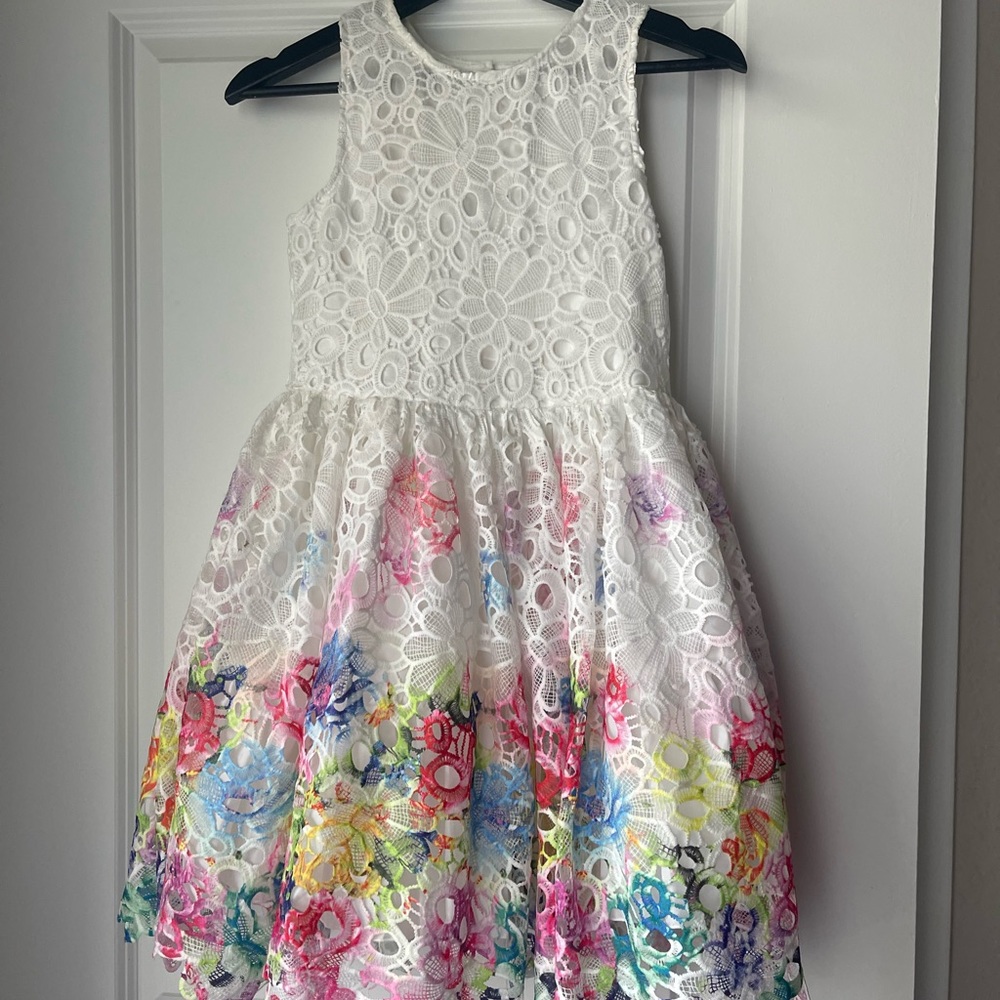Girls sz 12 Nannette Lenore white lace dress with watercolor flower accents